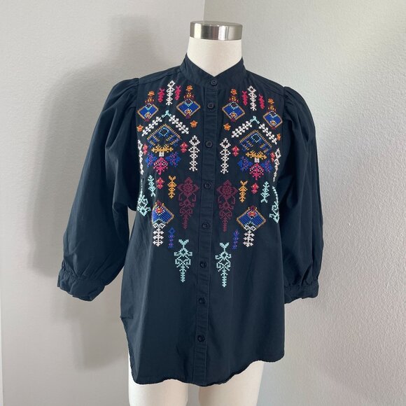 Anthropologie Pilcro Womens Small Jodie Embroidered Blouse Long Sleeve Shirt - Picture 1 of 10